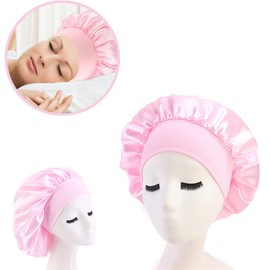 Hair Bonnet for Sleeping, Wide Elastic Band Satin Bonnet Silk Bonnet Shower Cap for Women Girls Makeup Hair Care Elastic Hat Soft Sleep Cap Satin Head Cover for Night Sleep Curly Hair Protection
