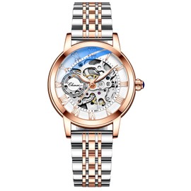 MASTOP Women's Sapphire Watches Automatic Steampunk Self Winding Mechanical Gold Bracelet Ladies Skeleton Wrist Watch Leather Strap for Ladies Famale (Steel Silver Rose)