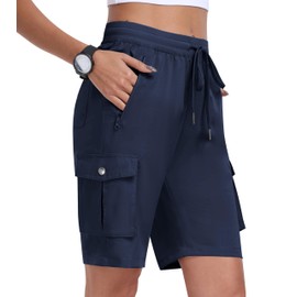 MoFiz Women 10" Hiking Cargo Short with Zipper Pocket Quick Dry Lightweight Summer Travel Running Short Navy,2XL