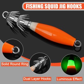 Luminous Squid Jig Hooks Saltwater Glow Squid Jigs Fluoresent Cuttlefish Sleeve Fishing Jigs Squid Hard Night Fishing Bait Octopus Lure Glow in Dark