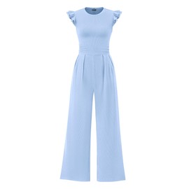 PRETTYGARDEN Summer Jumpsuits for Women Dressy 2025 Fashion Ruffle Cap Sleeve Romper Crew Neck Rib Knit One Piece Outfits (Light Blue,Medium)
