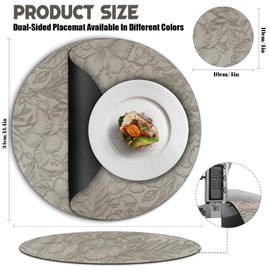 Placemats and Coaster Sets 6, Dual-Sided Leather Floral Place Mats 34cm, Heat Resistant Non-Slip Washable, Waterproof Round Kitchen Coffee Table Mats for Home Dining Table Restaurant Hotel(Grey Black)
