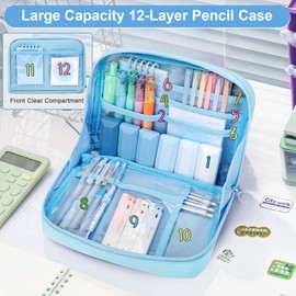 ESSALOO 30 PCS Filled Pencil Case with Stationery Included, Aesthetic Stationery Set for Girls, 11 Gel Pens, 4 Pastel Highlighters, 3 Mechanical Pencils for Back to School Students (Blue)