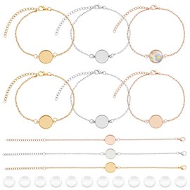 AHANDMAKER 12 Pcs 3 Colors Bracelet Bezel Tray 304 Stainless Steel Cable Chains with Glass Cabochons 14mm Blank Tray Bangles Bracelets Jewelry Bezel Base Settings for Crafting DIY Jewelry Making
