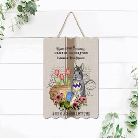 Happy Easter Wood Sign, Flower Pink Tulip Easter Bunny Rabbit Hanging Wood Plague Reproduction Poster Signs Wall Door Hanging, 8 X 14 Inches