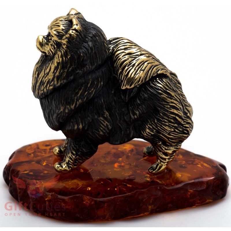 Solid Brass Amber Figurine of Pomeranian Spitz dog IronWork