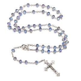 Catholic Rosary Crystal Beads Necklace with with Miraculous Medal Cross Crucifix Rosaries Communion Rosary (Iridescent)