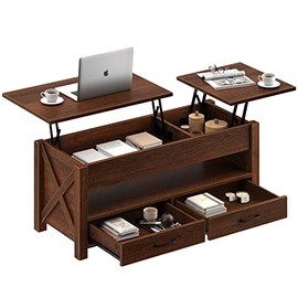 Seventable Lift Top Coffee Table, 47.2" Coffee Table with 2 Storage Drawers and Hidden Compartment, X Wood Farmhouse Support, Retro Center Table with Wooden Lift Tabletop, for Living Room,Espresso