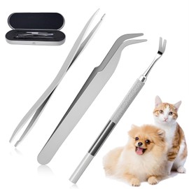 4 PCS Tick Remover Tools for Dogs Stainless Steel Professional Remover Kit Including Tick Removal Tweezers Sharp Rake Two Clips and Box for Humans Cats Puppy Summer Park Lawn Playing Picnic Camping