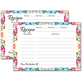 Pioneer Woman Style Floral Recipe Cards (50 Pcs) Flower Recipe Cards, Floral Index Cards, Blank Back Recipe Notecards, Perfect for Bridal Shower (50, 4.25" x 5.5")
