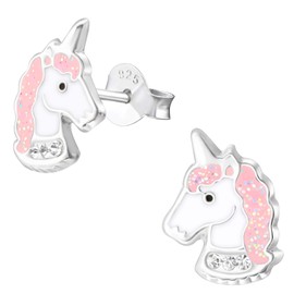 Monkimau Girls' Unicorn Head Stud Earrings Made of 925 Sterling Silver with 6 Crystals, Sterling silver, Without Stone