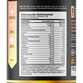 SKN Blend de 180 Cápsulas. Ingredientes naturales: Colágeno tipo I y III, L-Histidina, Isoleucine, L-Lisina, L-Metionina. SKN Blend Life.