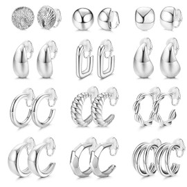 Morfetto 12 Pairs of Clip-On Hoop Earrings for Women Gold Clip On Earrings Twist Round Chunky Hoop Clip Earrings No Piercing Fake Earrings, Alloy Steel