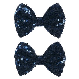 2-Pack 4-Inch Love Fairy & Glitter Sequin Bow Hair Clips-Sparkly Fashion Alligator Barrettes for Girls, Kids & Women,Navy blue