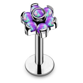 AZARIO LONDON G23 Grade Titanium 7 Purple Opals Ball Flower Internally Threaded with 16 Gauge - 8MM Length Madonna Lip Labret Jewellery
