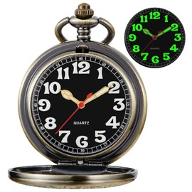 Tiong Bronze Hollow Roman Covered Quartz Men's Pocket Watch,Luminous Arabic Numerals Black Dial Pocket Watch with Chain