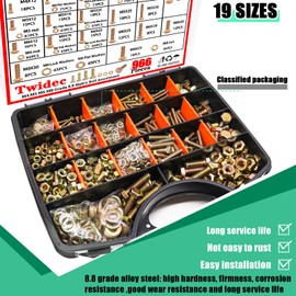 Twidec/966PCS Grade 8.8 Hex Head Bolts and Nuts Assortment Kit,Metric Bolt Assortment, M4/M5/M6/M8(12-30mm)Heavy Duty Nuts and Bolts Kit, Flat & Spring Lock Washer Gold Zinc Plating With Storage Case