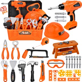 breibowski ‌Realistic Kids Drill Tool Set with 48PCS Tools & Sound Effects, Portable Construction Toy for Toddlers Ages 3+ with Safety Gear, STEM Learning Pretend Play for Family Bonding Activities
