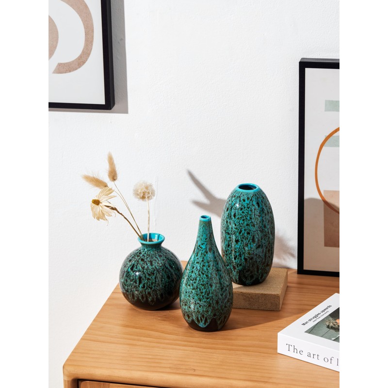 Set of 3, Decorative Ceramic Vases, Turquoise Blue Glazed Finish,