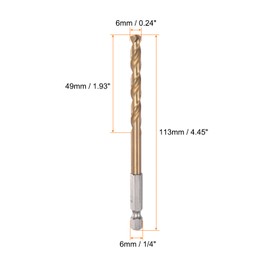 HARFINGTON 1/4" Hex Shank Drill Bit 6mm Titanium Drill Bits Set M35 High Speed Steel Twist Drill Bit 113mm Long Fully Ground for Wood, Stainless Steel, Metal, Plastic Plastic