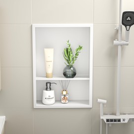 Bernkot Stainless Steel Shower Niche 18" X 12" White with 2-Tiers Shelf No Tile Needed Niche Shower for Bathroom Storage Recessed Wall Niches Over Mount Installation