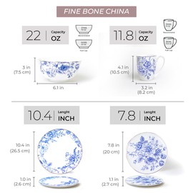 KOKEN - Plates and Bowls Sets for 4, Porcelain Dinnerware Sets 16 Piece Ceramic Dish Set, Round Dinner Set with Mugs, Microwave Safe, kitchen sets for home Bone china set - Crack Resistant Plate Sets