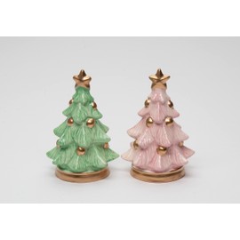 Fine Ceramic Christmas Winter Wonderland Christmas Tree Salt & Pepper Shakers Set, 3-3/8" H