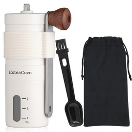 Mini Manual Coffee Bean Grinder for Travel Camping, Hand Held Espresso Burr Ceramic Coarseness White 304 Stainless Steel Small Mill Kit for Home Use with Portable Storage Pouch Brush Spoon