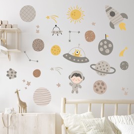 Space Wall Sticker - Space Icons Neutral Tones Wall Decal Set Kids Art (120cm Width x 70cm Height)