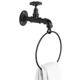 MyGift Hand Towel Holder Ring, Bath Towel Hanging Rack Wall Mounted, Industrial Bathroom Accessories, Farmhouse Decor, Faucet Pipe Metal Black