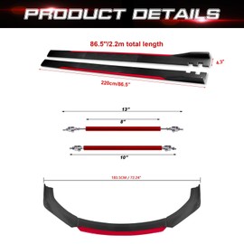 Xotic Tech Front Bumper Lip Chin Spoiler+ 2.2M Side Skirt Winglets Diffusers+ Adjustable 10"-13" Support Rod Universal Fit Most Vehicles, Carbon Fiber w/Red