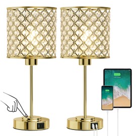 GyroVu Crystal Touch Control Table Lamp with USB-C+A Charging Ports, Dimmable Nightstand Lamp Set of 2 Crystal Decorative Bedside Lamps with Gold Elegant Shade for Bedroom Living Room, Bulbs Included