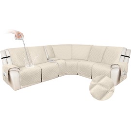 HDCAXKJ 100% Waterproof Velvet Recliner Sectional Couch Covers L Shaped Corner Reclining Sofa Cover Washable Thick Non Slip Sectional Slipcover with Pockets (5 Seat and 1 Middle Console, Beige)