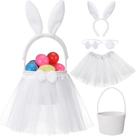 Shyyween Tutu Easter Baskets Easter Costume Ruffled Tulle Fluffy Ears and Bunny Headband Bow Tie Tail Party Favors Gift for Girls DIY Egg Playset Decorations(White)