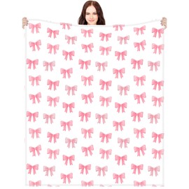 Buryeah Coquette Pink Bow Blanket Christmas Throw Blanket Pink Bow Ribbon Winter Farmhouse Blanket Couch Sofa Soft Warm Bed Blankets for Women Friends Gifts, 50 x 60 Inch(Watercolor Bow)