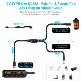 VINTELEIN 12V Heated Jacket Battery Pack Adapter Cable for Venustas/Milwaukee M12/Debwu/Makita/Dewalt/Snap-on/Metabo/Craftsman Electric Heating Vests/Hoodies/Jackets and Milk Pump, CCTV Camera Etc