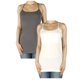 Fashiondio Women Basic Built in Inner Bra Extra Long Spaghetti Cami Adjustable (Small, Charcoal, White)