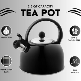 Venoly 2.5 Liter Whistling Tea Kettle - Modern Stainless Steel Whistling Tea Pot for Stovetop Hot Water Boiler with Cool Grip Ergonomic Handle (Black, 2.5 Liter)