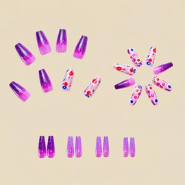 24 Pcs Purple Ombre Press on Nails Medium Coffin- ZIFANHU Spring Fake Nails Press ons with Cute Flower Design Glue on Nails Full Cover Acrylic Glitter False Nails Stick on Nails for Women