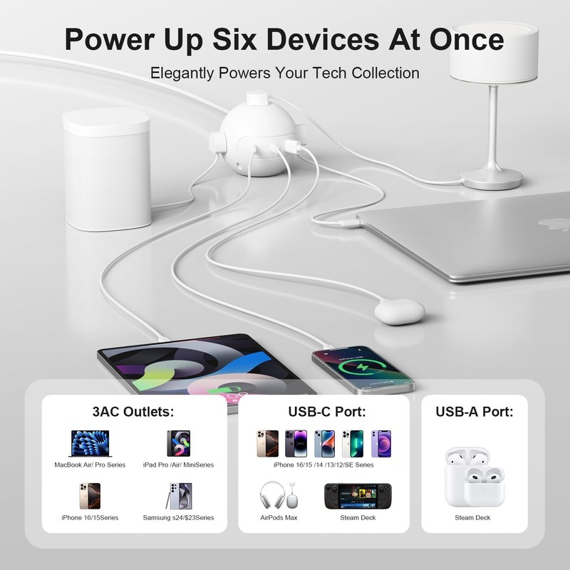 Portable Power Strip Outlet Extender,6-in-1 Charging Station,Wall Plug Extender with
