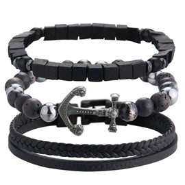 Dazylleco Pack of 3 Pearl Bracelets for Men Natural Stone Bracelet Black Stainless Steel Leather Bracelet Adjustable Jewellery Set Men's Gift Father's Day for Men, Stone, No gemstone