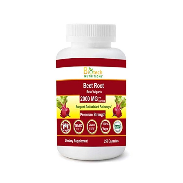 Biotech Nutritions Beet Root Beta Vulgaris 2000 mg Serving Vegetable Capsules NonGMO Gelatin Free Made in USA, Beet,vulgaris, 250 Count