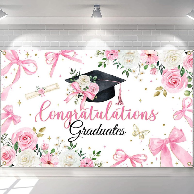 Mocsicka Pink Bow Graduate Backdrop Banner Coquette Graduation Decorations Coquette