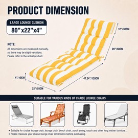 Only choice Outdoor Chaise Lounge Cushion 75 x 22 x 4.7 Inch, Waterproof Thick Foam Lounge Chair Cushion with Ties, Replacement Patio Pool Recliner Cushion (Yellow/White Striped)