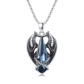 Dragon Necklace 925 Sterling Silver Winged Dragon Pendant with Blue Crystal Necklace Gothic Animal Double Dragon Jewellery Gifts for Men Women