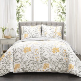 Lush Decor Aprile Soft Reversible Floral Quilt Set, 3 Piece Set, Full/ Queen, Yellow & Gray - Beautiful Floral Bedding Set - Queen Quilt - Spring Decor - Cottage & Farmhouse Bedroom Decor