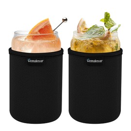 16oz Beer Can Glass Sleeve Soda Beer Can Cooler Holder Non-slip Neoprene Glass Tumbler Cup Sleeves 2 Pack, Insulators Cover for Party Beverages Drink Can (Black x2)