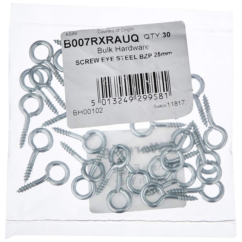 Merriway BH00102 (30 Pcs) Screw-In Eyes, Bright Zinc Plated Steel