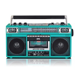 QFX J-220BTTQ Aqua Turquoise Boombox MP3 Conversion from Radio to Cassette with 4-Band (AM, FM, SW1, SW2) Radio with Bluetooth, Dual 3” Speakers, Built-in Microphone, Recorder, and a 3-Band Equalizer