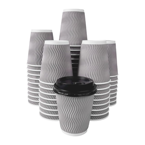 12 oz Disposable Coffee Cups with Lids - 50 Pack,